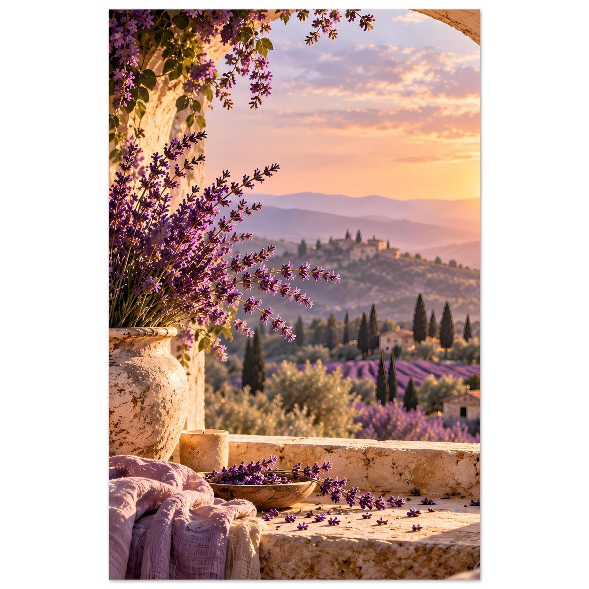 Vertikales Poster: Lavendelzweige in Vase vor Landschaft mit Sonnenuntergang