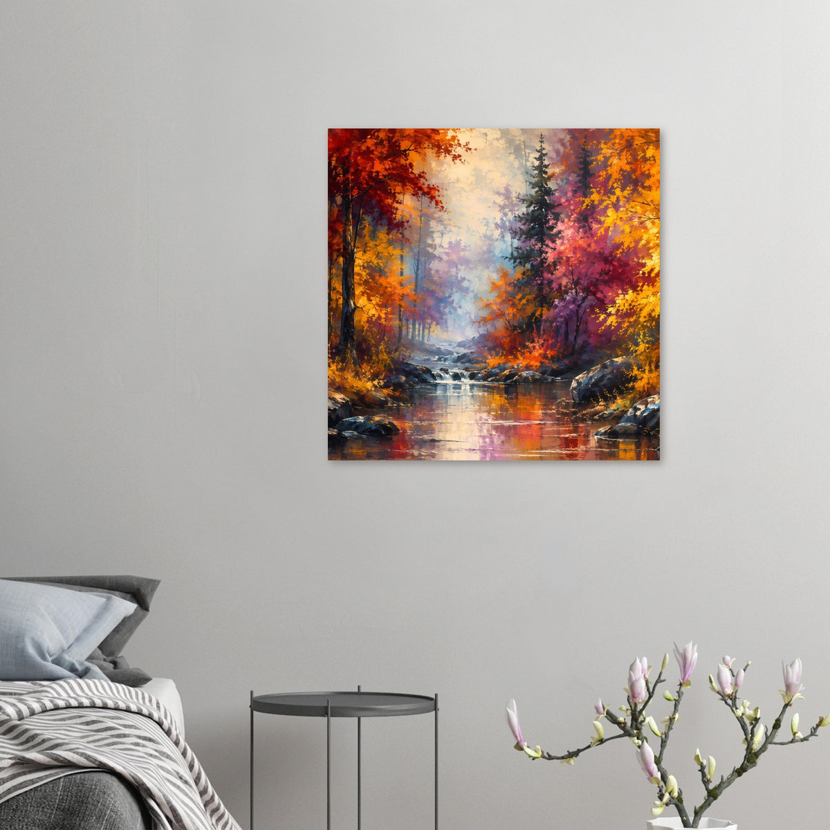 Kleines Herbstwald-Panorama-Poster mit Fluss und farbigen Bäumen, kontrastreiche Herbstfarben