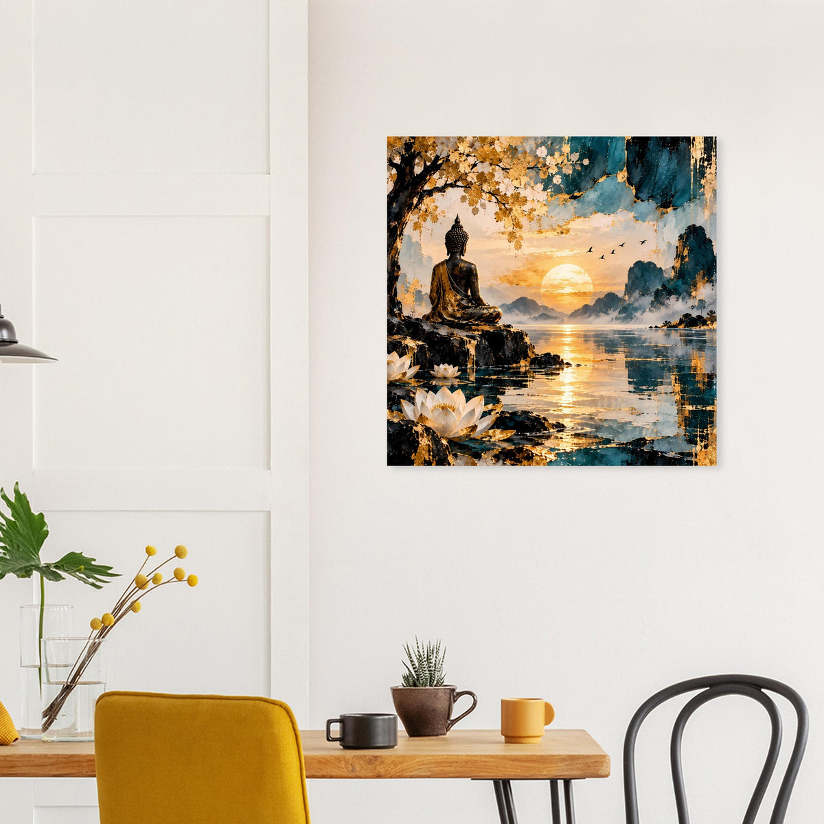 Poster mit Buddhafigur am See bei Sonnenuntergang, goldene Akzente und blaue Wolken.
