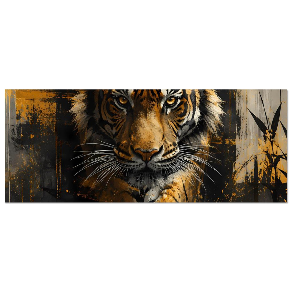 Horizontales Poster mit Tigerkopf und goldgelbem Fell, schwarz-gelbe Streifen, Blick nach vorn