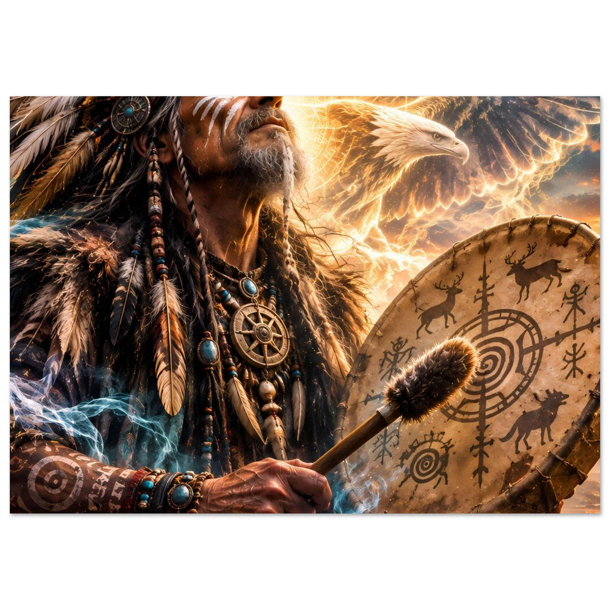 Fantasy-Poster: Seitlicher Schamane mit Trommel, goldenes Adlermotiv und Runenkreis
