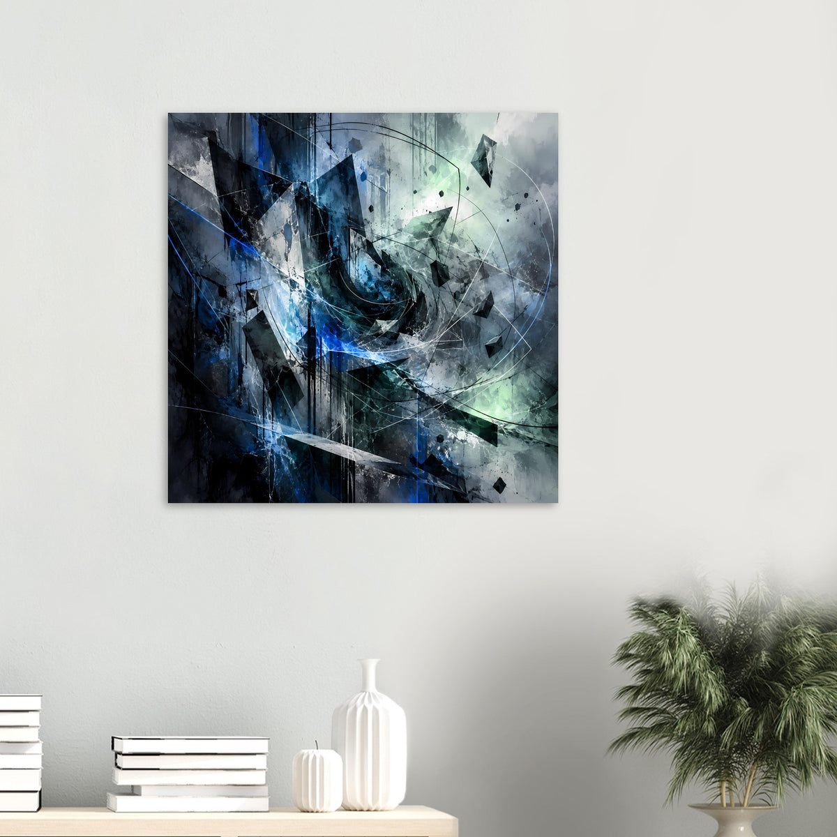 Abstraktes Kunstposter mit blauem Motiv und grünen Akzenten, Kreislinien und Bruchkanten