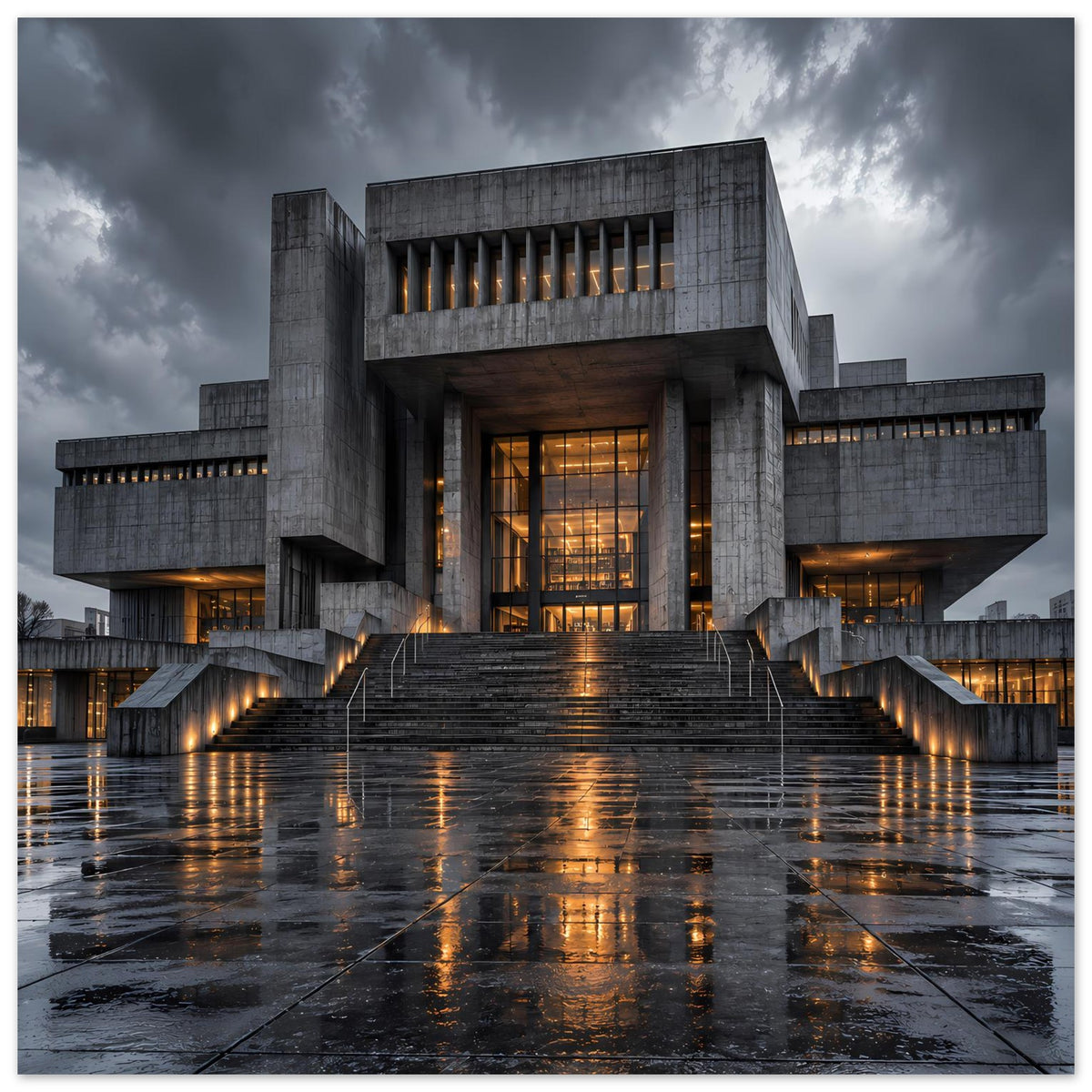 Poster mit zentralem Betongebäude, Treppe und warm beleuchteten Fenstern bei Nacht