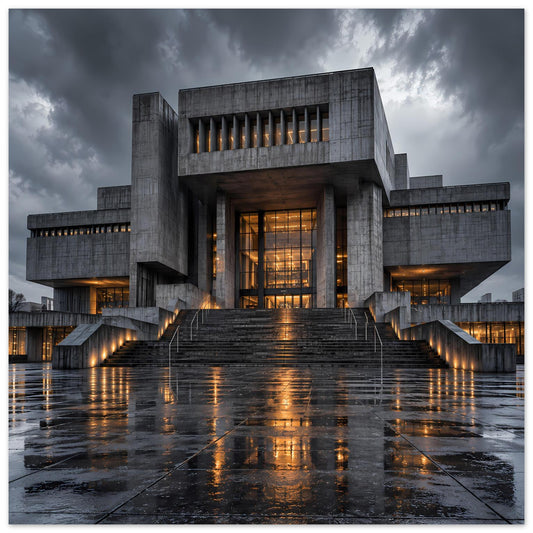 Poster mit zentralem Betongebäude, Treppe und warm beleuchteten Fenstern bei Nacht