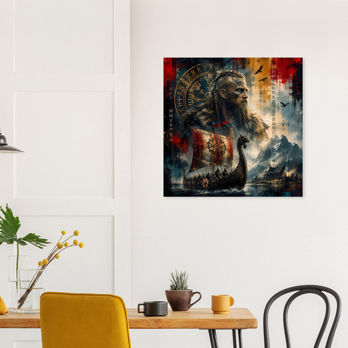 Wandposter mit Wikingerkrieger, Bart und Fell, blau-gelbes Setting mit roten Akzentflächen.