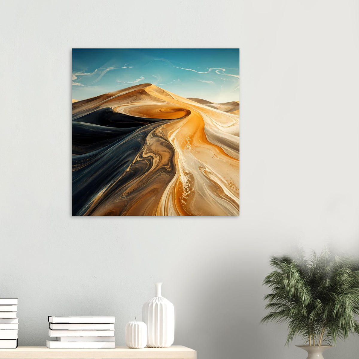 Abstraktes Wüstenwellen-Poster im Rahmen: goldene Sanddünen, dunkle Strömungen, blauer Himmel