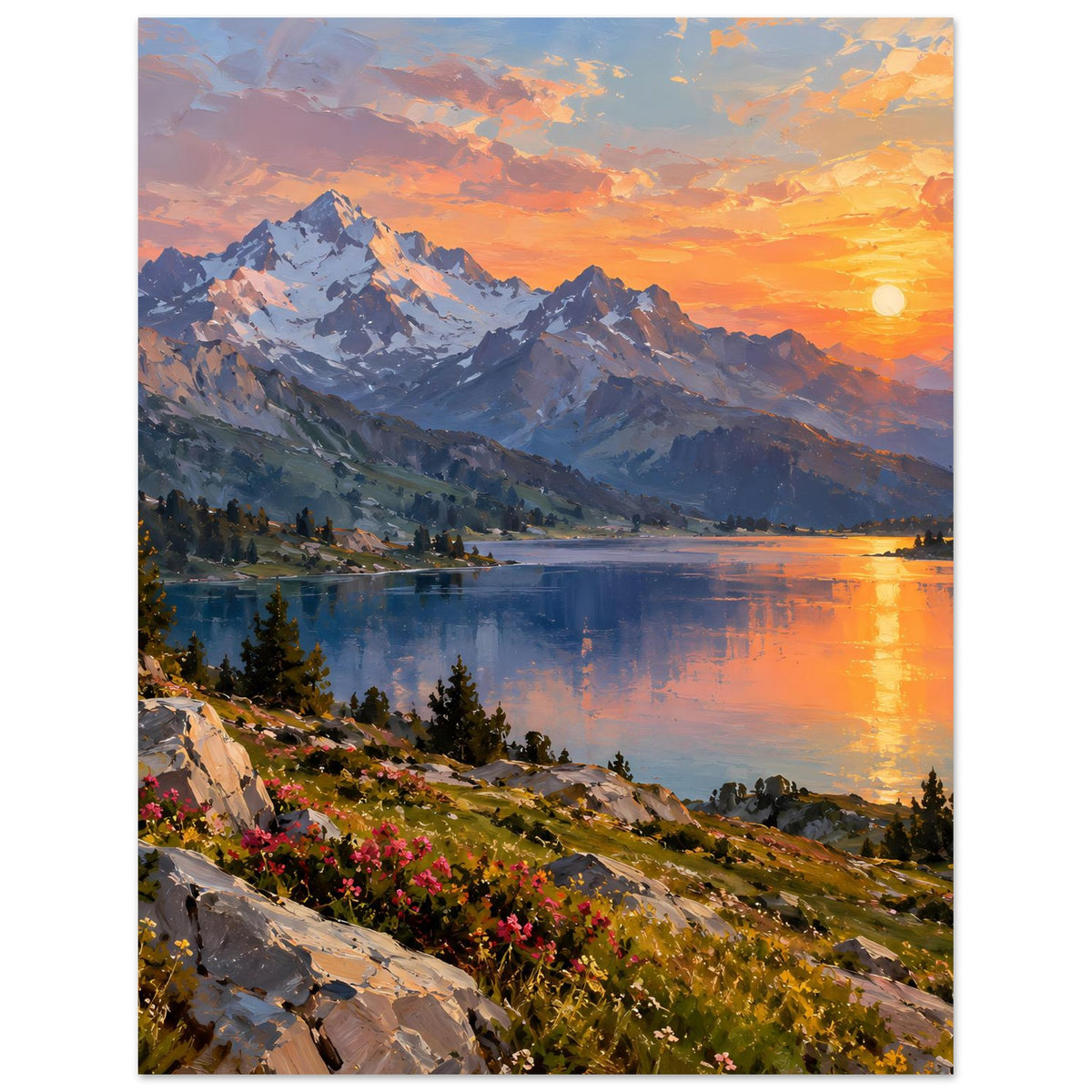 Poster: Blick über Bergsee und Berge bei Sonnenuntergang, orangefarbener Himmel, Wasserreflexe