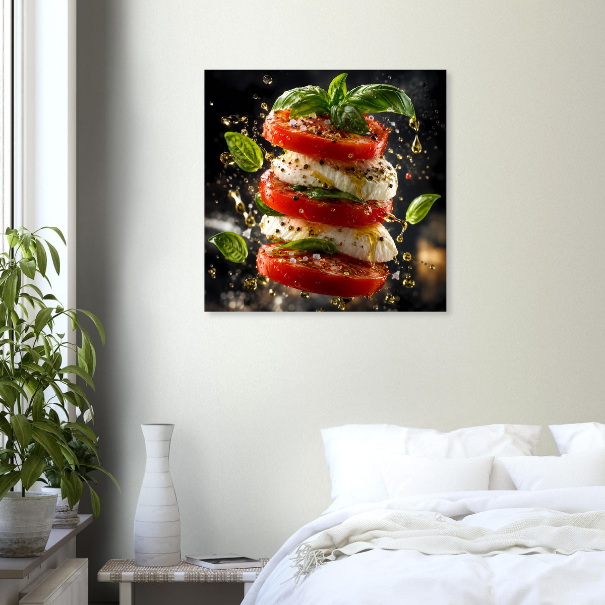 Küchenposter mit gestapelten Tomaten, Mozzarella und Basilikum, zentral gerahmt