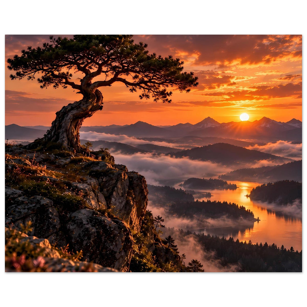 Poster mit majestätischer Baumkrone über Felsen, Sonnenaufgang über Bergen und See.