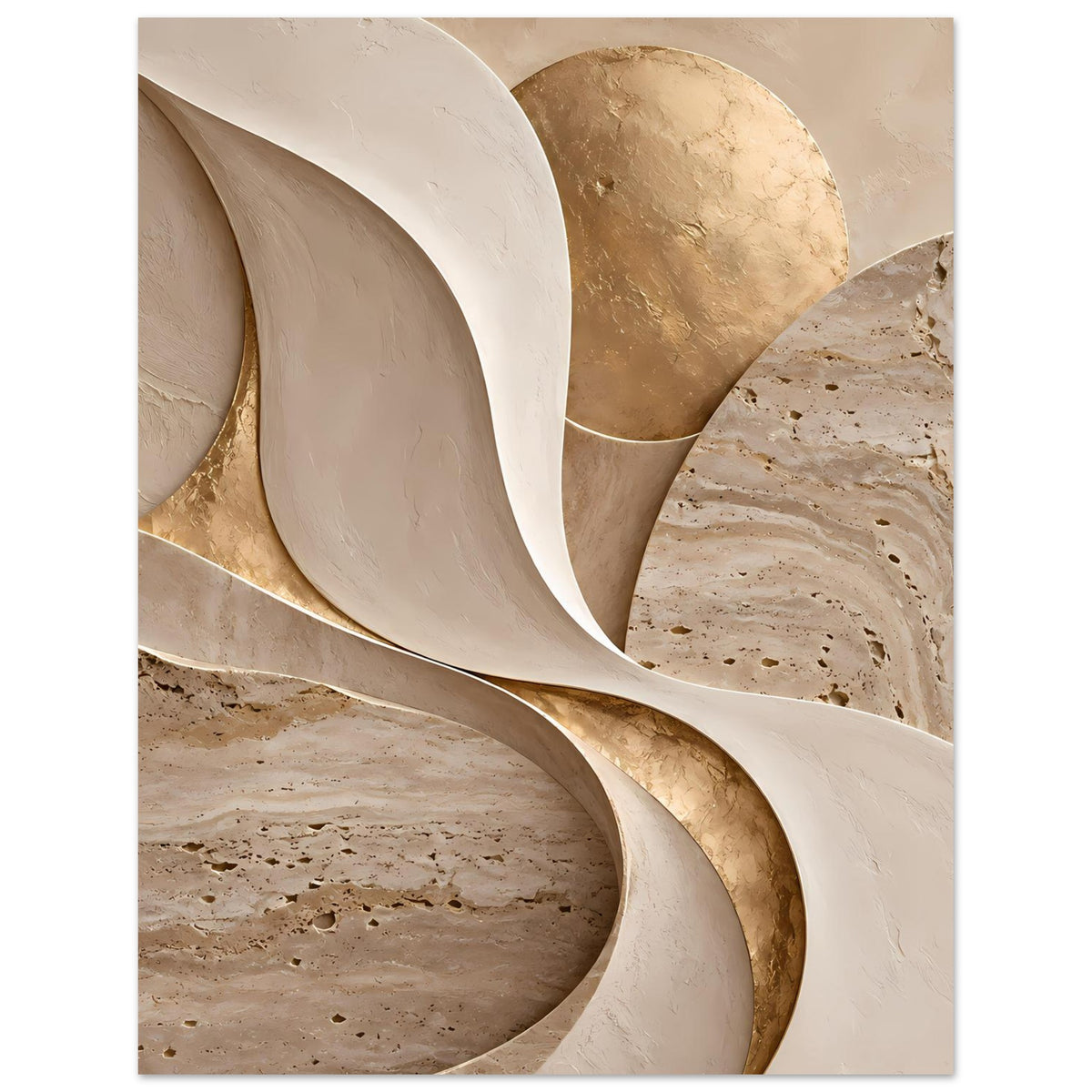 Kunstposter mit abstrakten Goldflächen, beigen Bögen und reliefartiger Maserung