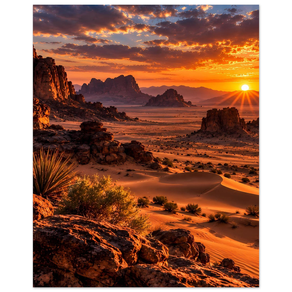 Vertikales Poster mit Wüstenlandschaft, Sonnenuntergang über Dünen und Steinformation