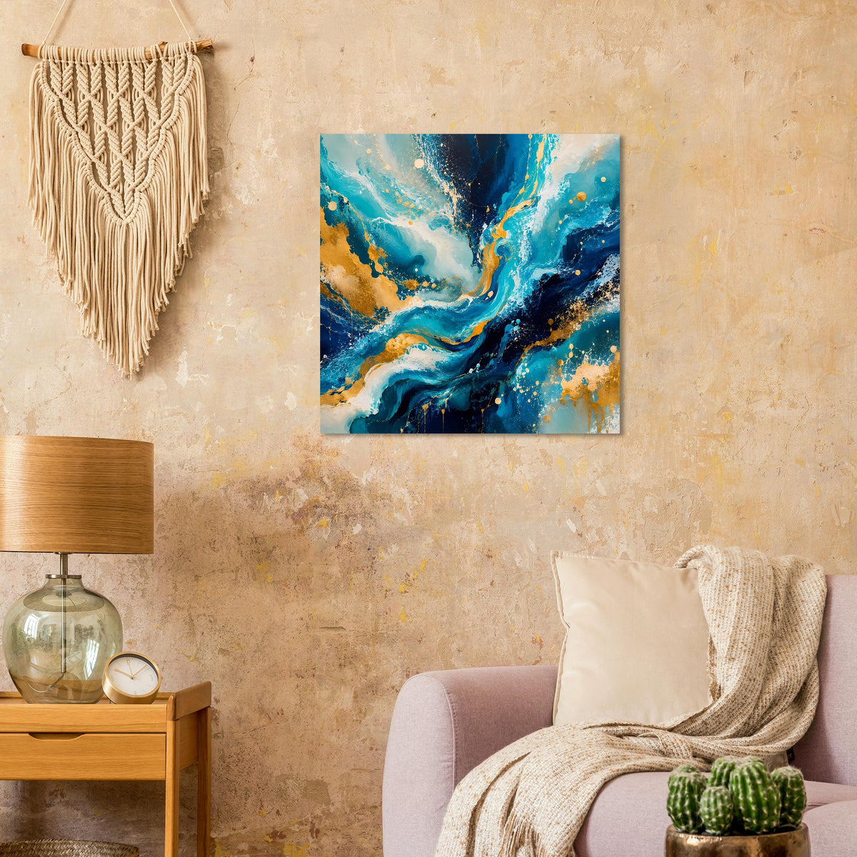Quadratisches Kunstposter mit kräftigem Blau‑Gold‑Strömungsmuster und goldenen Partikeln