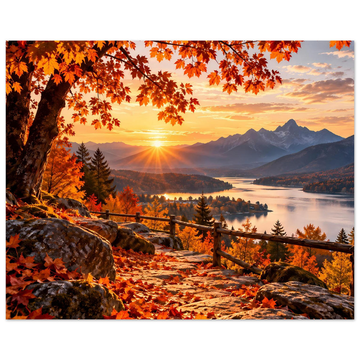 Querformatiges Landschaftsposter: Baumkrone mit Herbstblättern, Sonnenuntergang über See und Bergen.