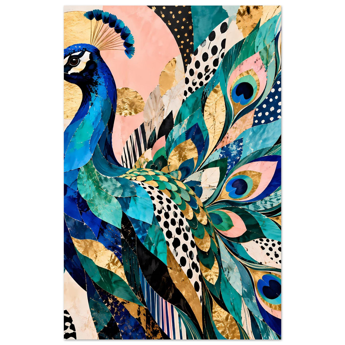Kunstposter mit Pfau-Motiv in Blau, Türkis und Gold, großflächig mit dekorativem Gefieder