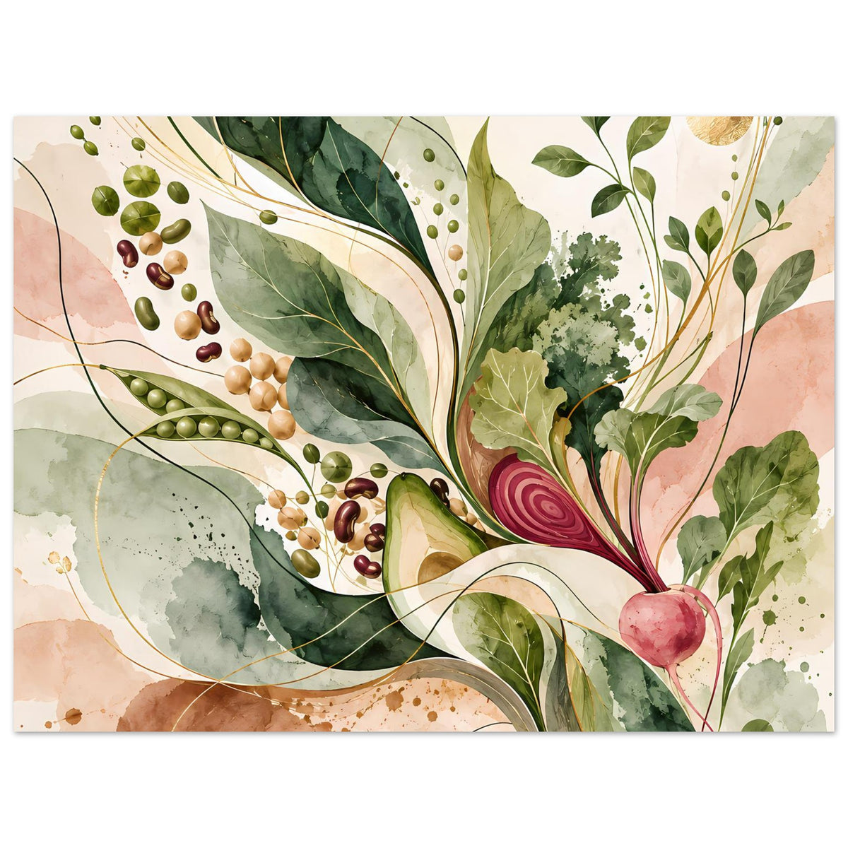 Botanisches Naturposter mit Blättern, Samen und Wurzeln in Salbeigrün, Beige und Rosé