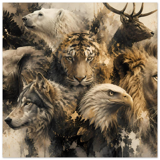 Kunstdruck mit Wildtieren: Weißbär, Tiger, Greifvogel, Wolf, Hirsch und Löwe in Brauntönen