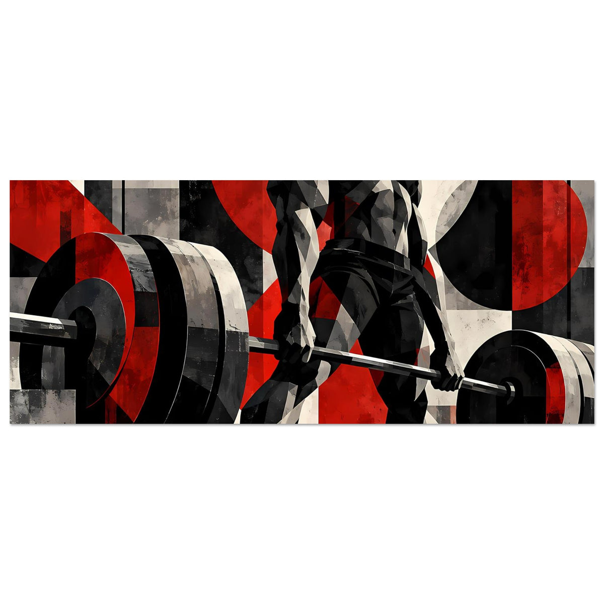 Fitnessposter Detailausschnitt: Hantelplatten und rote Akzente mit schwarz-weißer Grafik