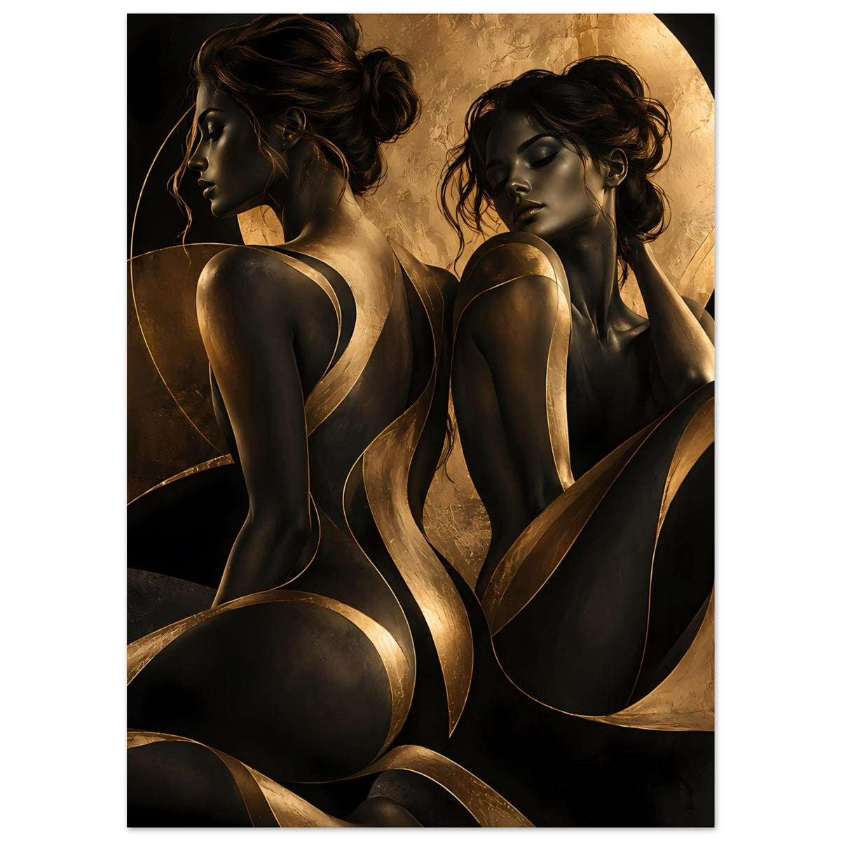 Kunstposter mit zwei Akt-Silhouetten in Schwarz und Gold, zentrale Büste im Vordergrund