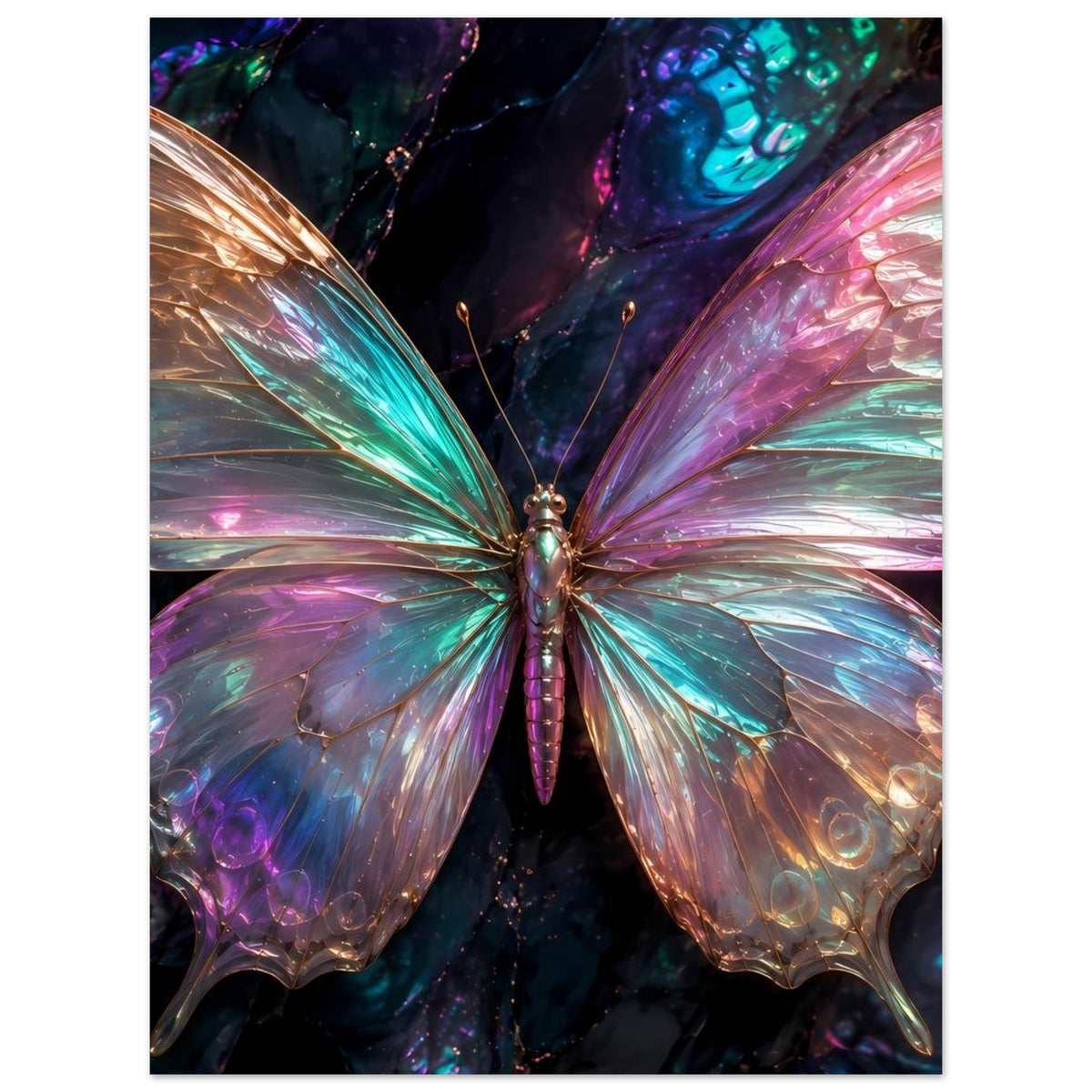 Poster mit symmetrischem Schmetterling, schimmernde Flügel in Polarfarben