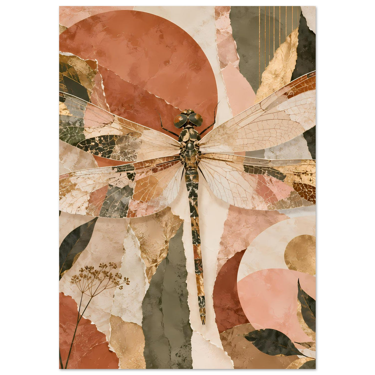 Deko-Poster mit Libelle im Boho-Stil, vertikal, Flügel mit feinem Schuppen-Detail.