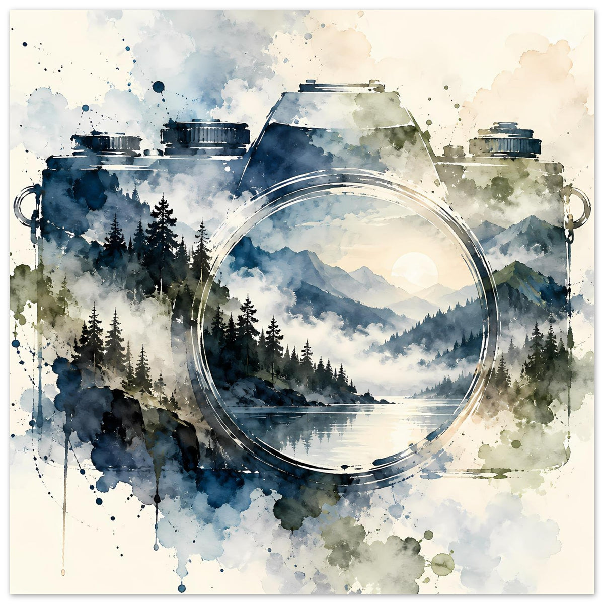 Aquarell-Poster im Querformat: Vintage-Kamera mit Rundöffnung und Bergsee im Kreis