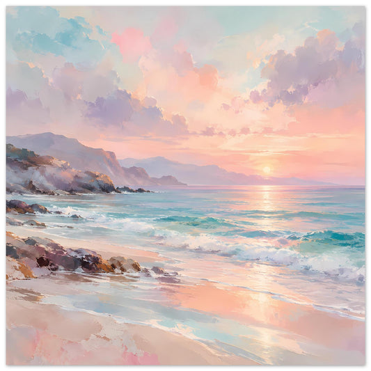 Poster mit Küstenlandschaft und Sonnenuntergang, Strand, Wellen und rosa Wolken