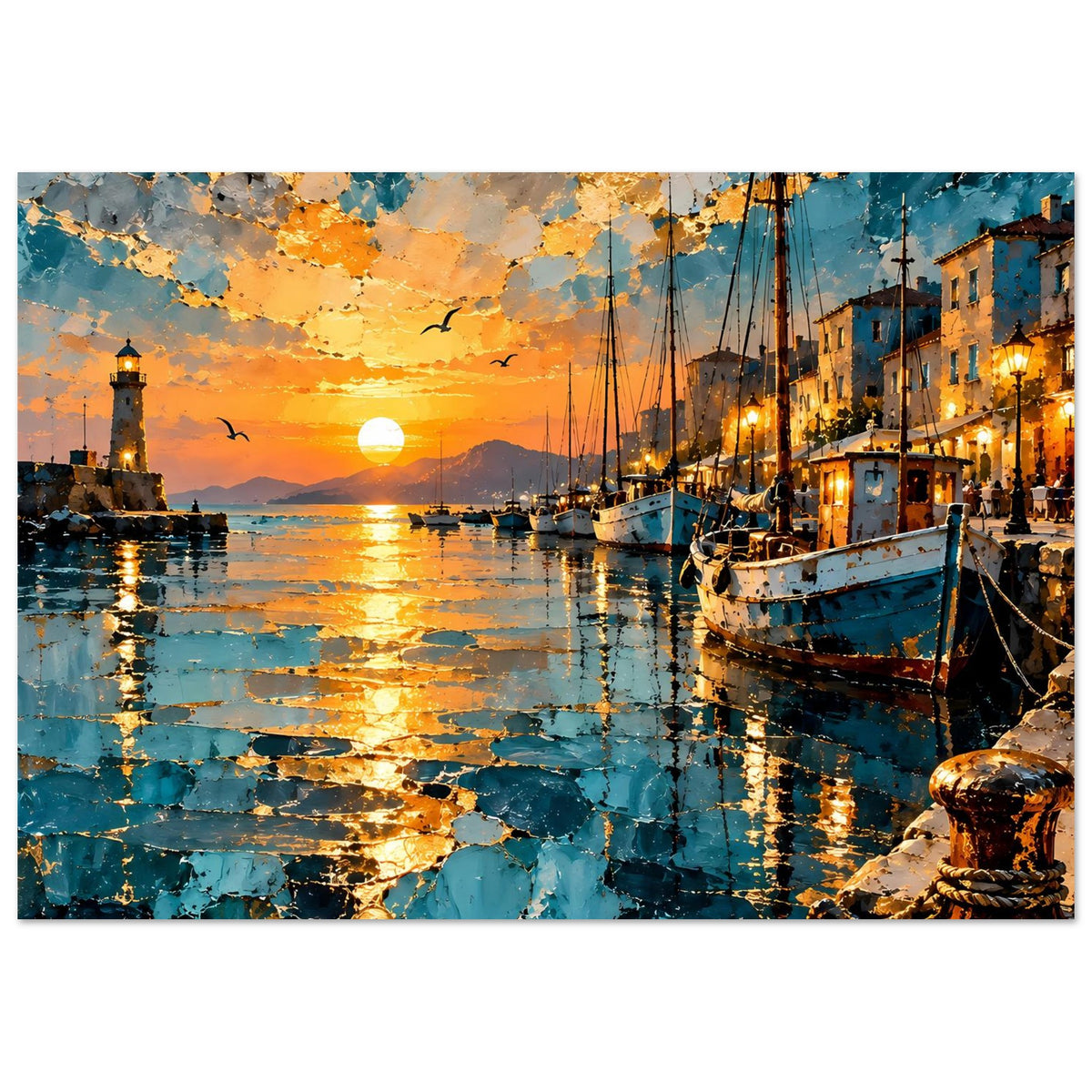Hafen-Szenenposter horizontal mit Leuchtturm, Segelbooten und goldenem Sonnenuntergang über dem Wasser