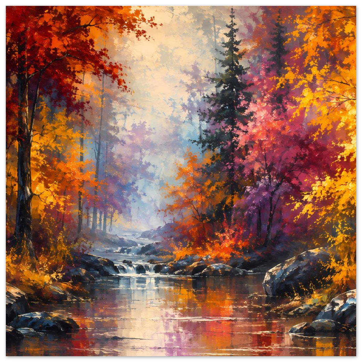 Querformat-Poster: Herbstlicher Wald mit Fluss, Uferfelsen und kräftigen Farbtönen