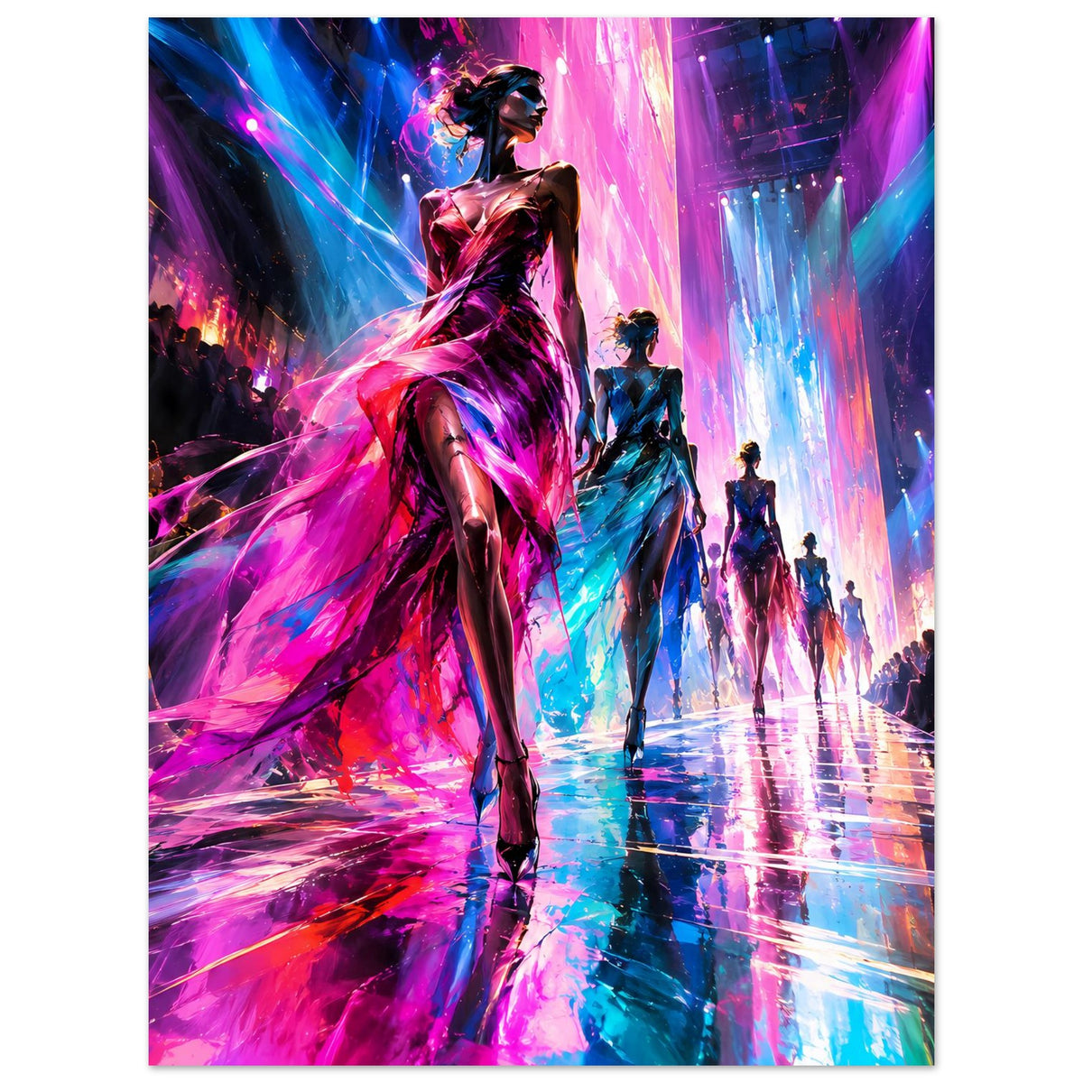 Poster: Laufsteg mit futuristischer Frau, Neonlicht in Pink und Blau, mehrere Figuren