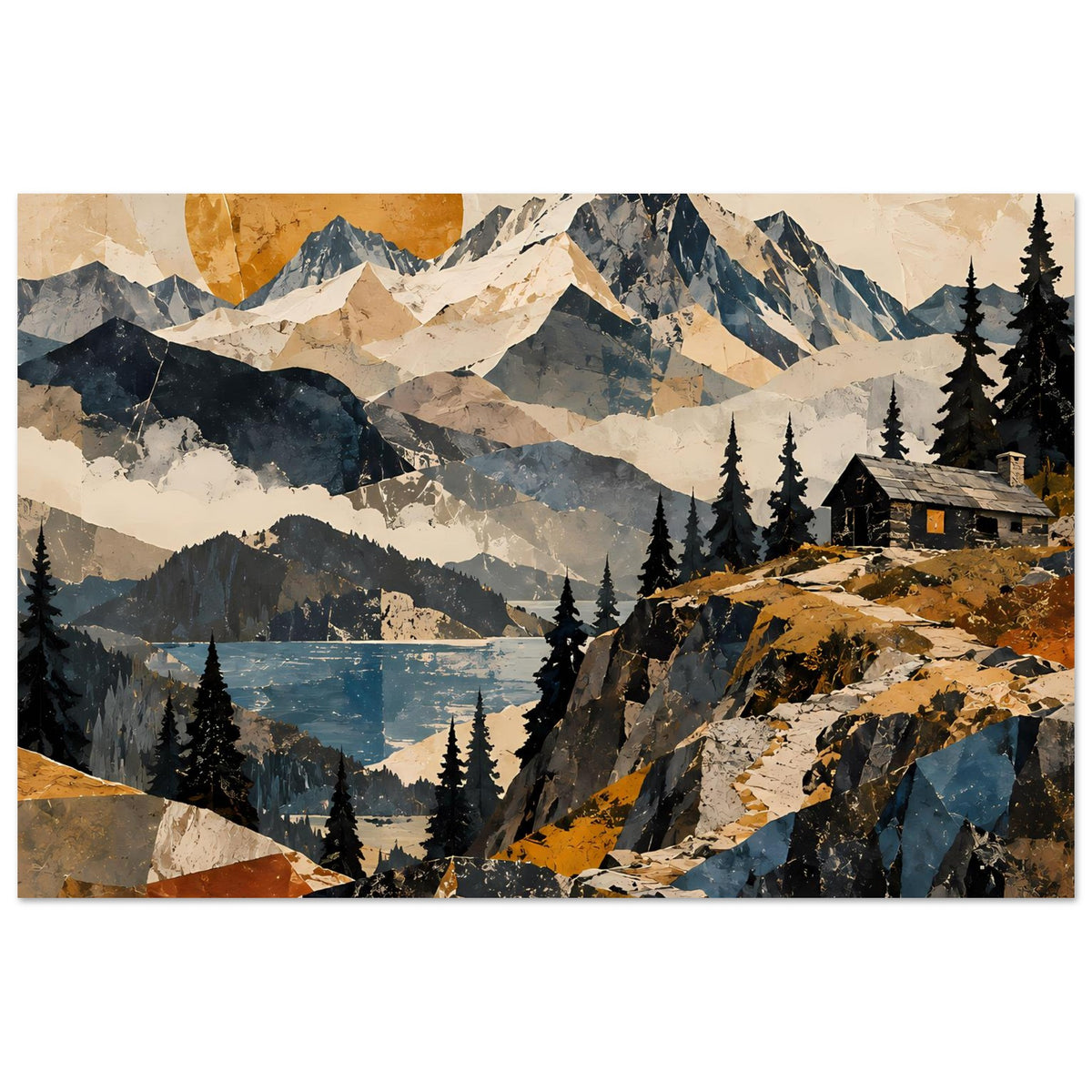 Naturposter mit Felsbergen, See im Tal, Tannen und Berghütte, warmes Farbspiel