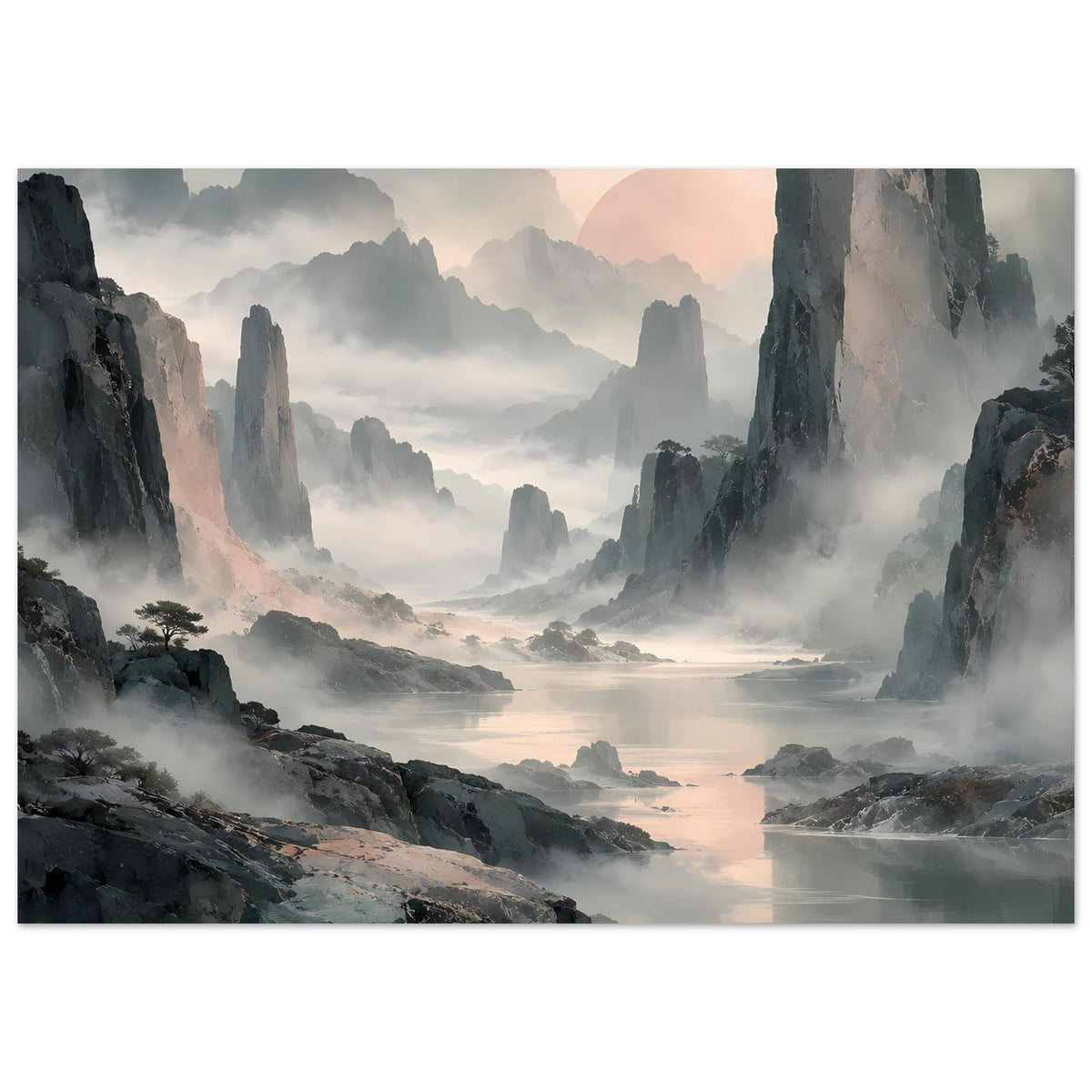 Gerahmtes Querformat-Poster mit nebligen Bergspitzen und See in Pastellfarben