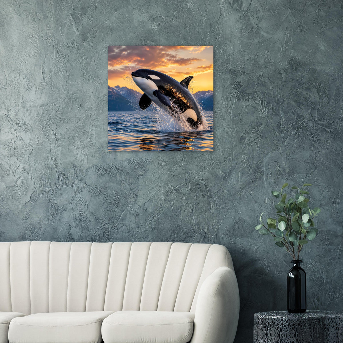Quadratisches Orca-Sprung-Poster an grauer Wand, springender Wal im Wasser