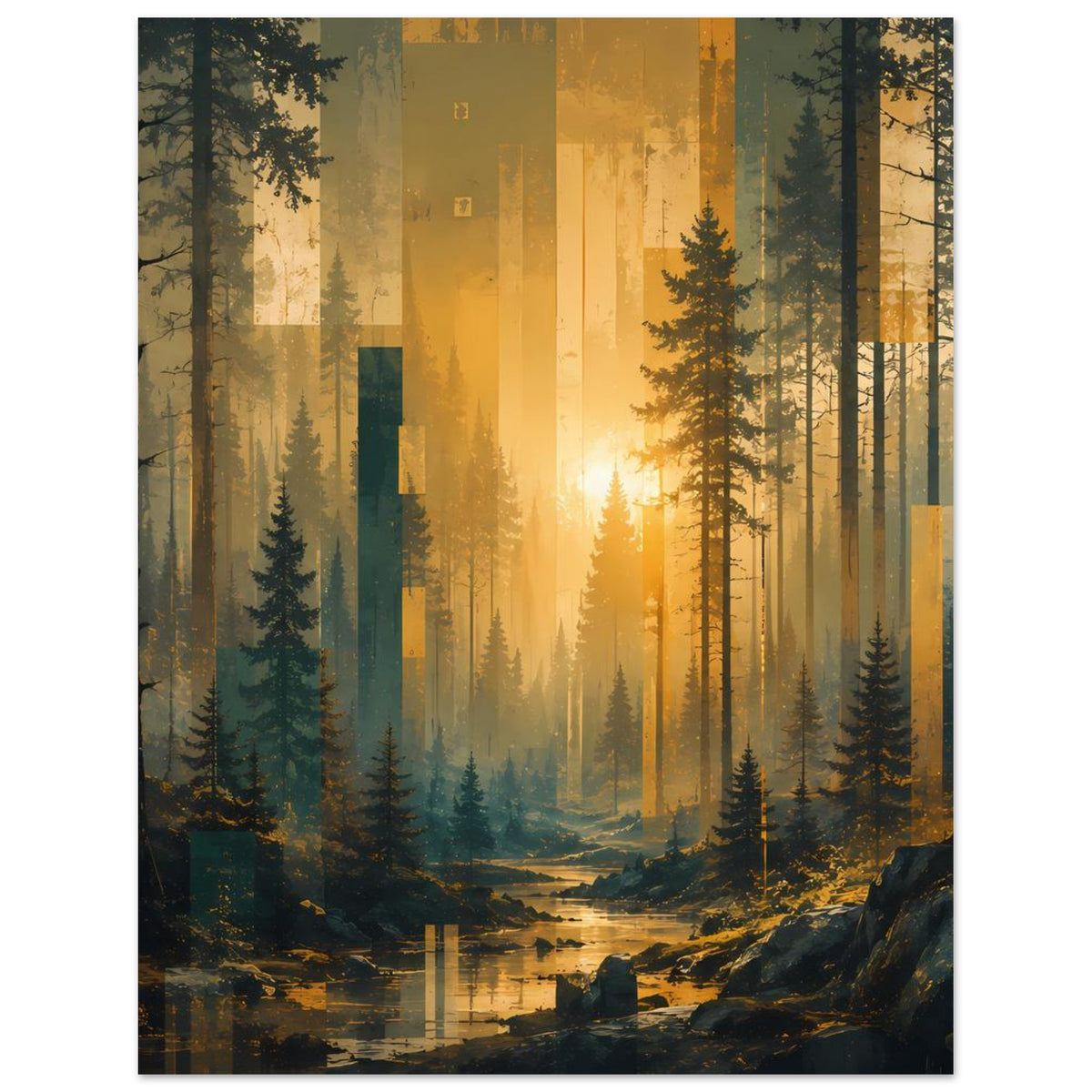 Wandposter Waldlandschaft mit warmem Sonnenaufgang, Tannenreihen und leichter Nebelstimmung