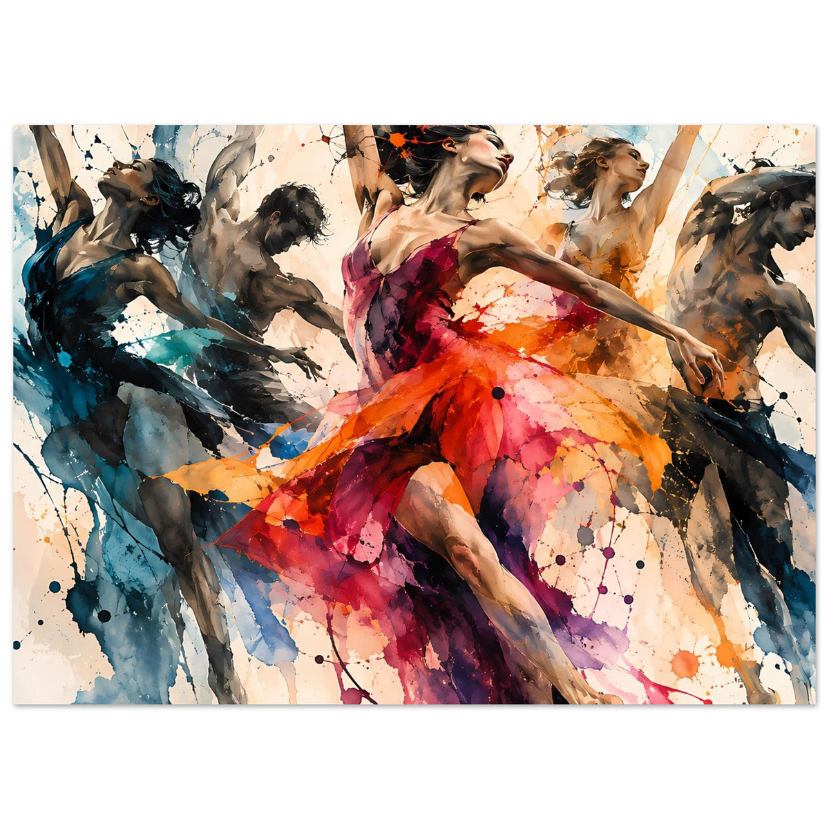 Horizontales Tanzkunst-Poster: tanzende Frauen in bunten Aquarellfarben
