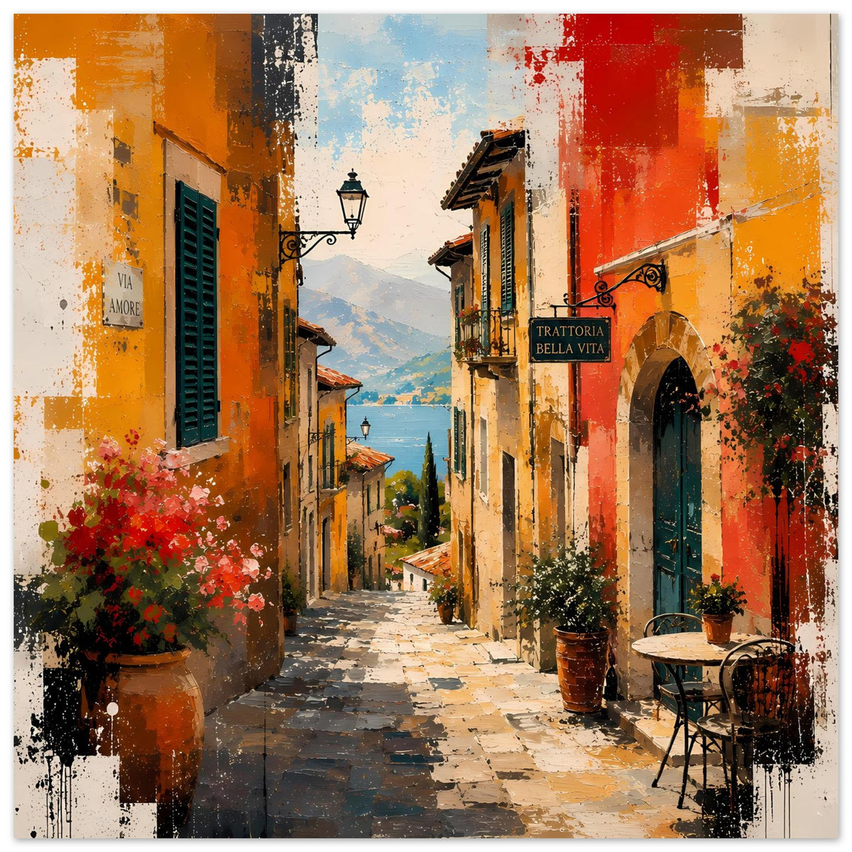 Poster mit mediterraner Gasse, kräftige Orange-Rot-Flächen, Weg zwischen den Häusern
