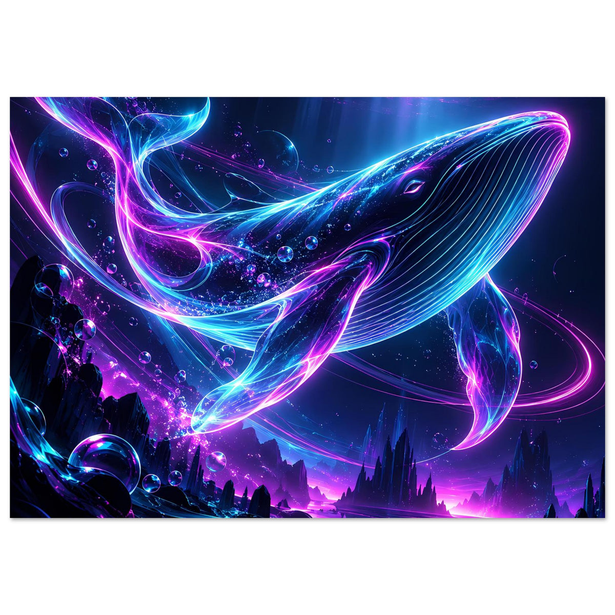 Neon-Poster im Querformat: Wal-Motiv in Blau und Pink mit Lichtstrahlen und Blasen
