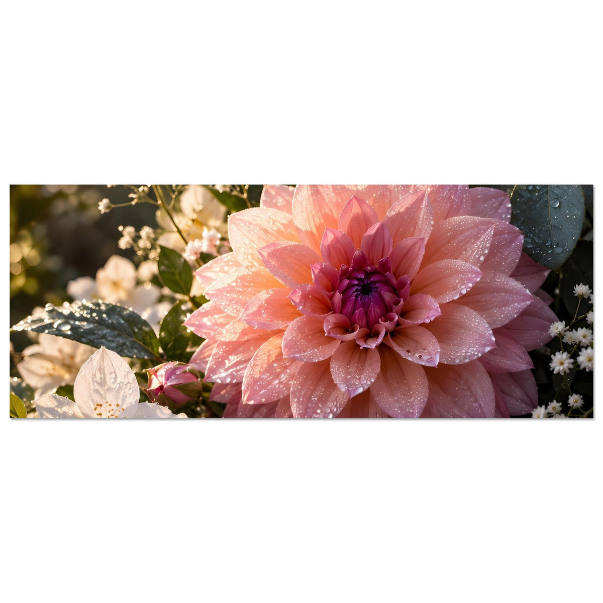 Blumenposter querformat mit großer rosa Blüte und weißen Blüten, Wassertropfen an Blättern