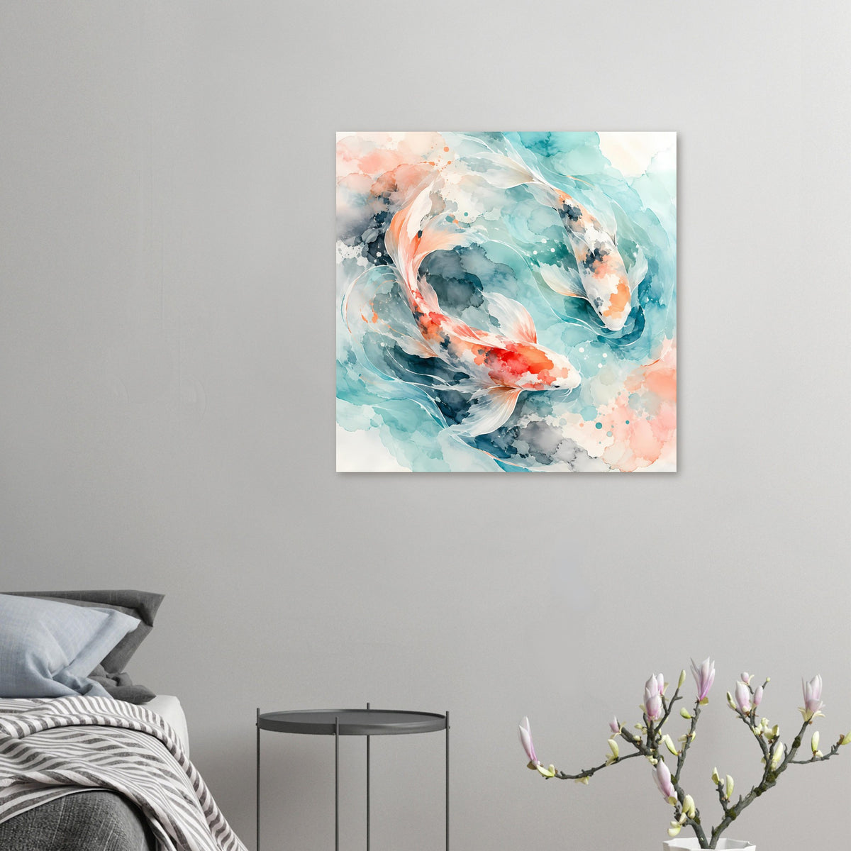 Kleinformatiges Poster mit Koi-Fischen im Aquarell, türkis und orange