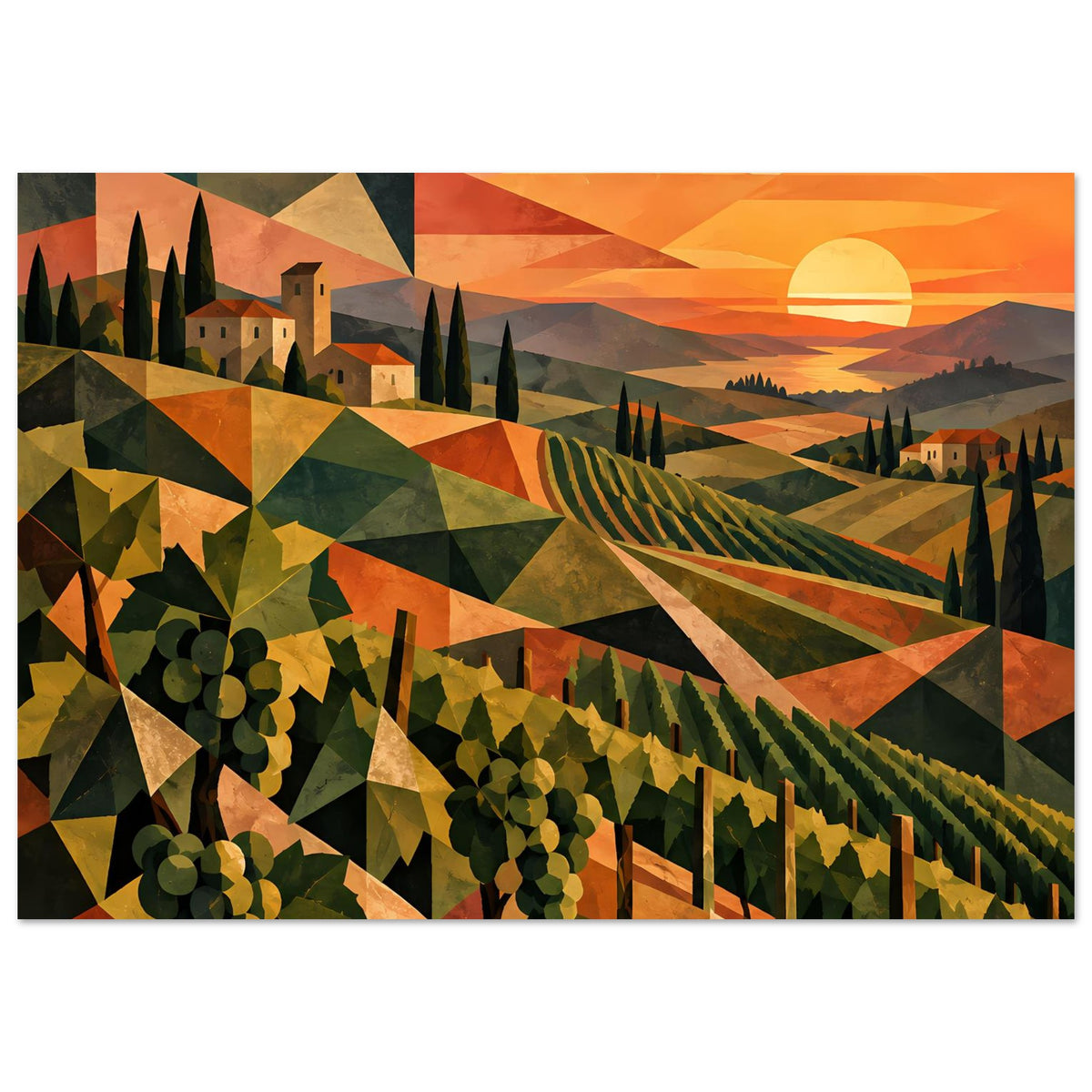 Wandposter Weinberge im Sonnenuntergang, runde Sonne, Zypressen und geometrische Farbfelder