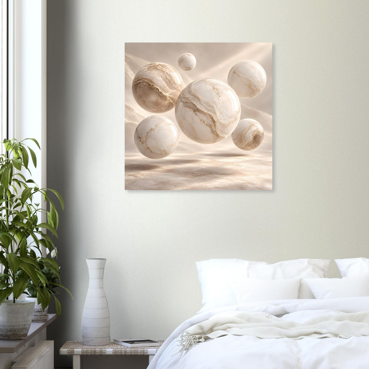 Quadratisches Poster mit schimmernden Marmor-Kugeln vor hellen Schatten