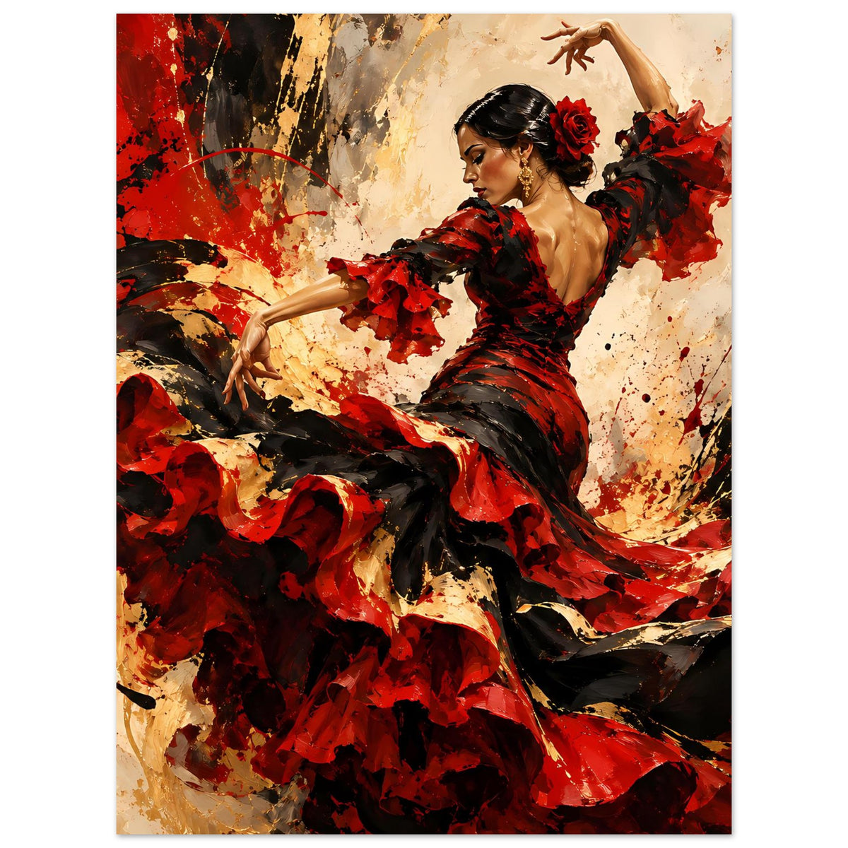 Poster einer Flamenco-Tänzerin im roten und schwarzen Kleid, Arm hoch, detaillierte Rockmuster
