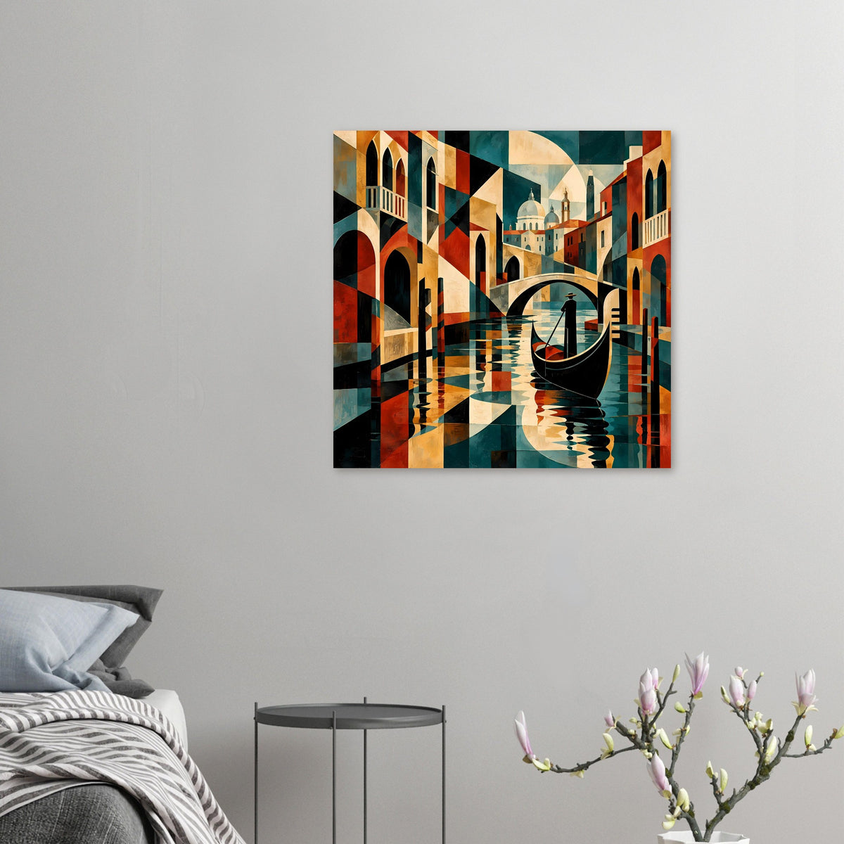Gerahmtes Wandbild mit abstraktem Venedig-Kanal, Gondel und Häusern in kräftigen Farben