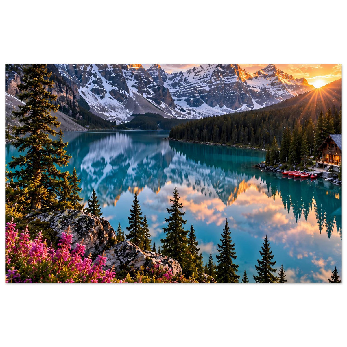 Wandposter mit türkisblauem Bergsee, Spiegelung, Fichten, pinken Blüten und Sonnenaufgang