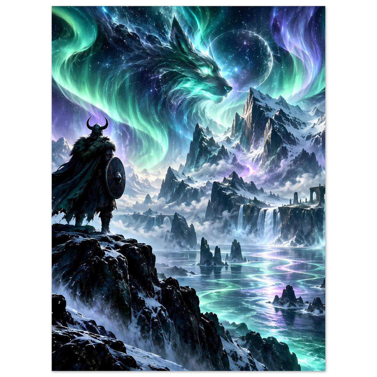 Fantasy-Poster: Krieger im Schatten vor Polarlicht, großer Drache über zerklüfteten Bergen
