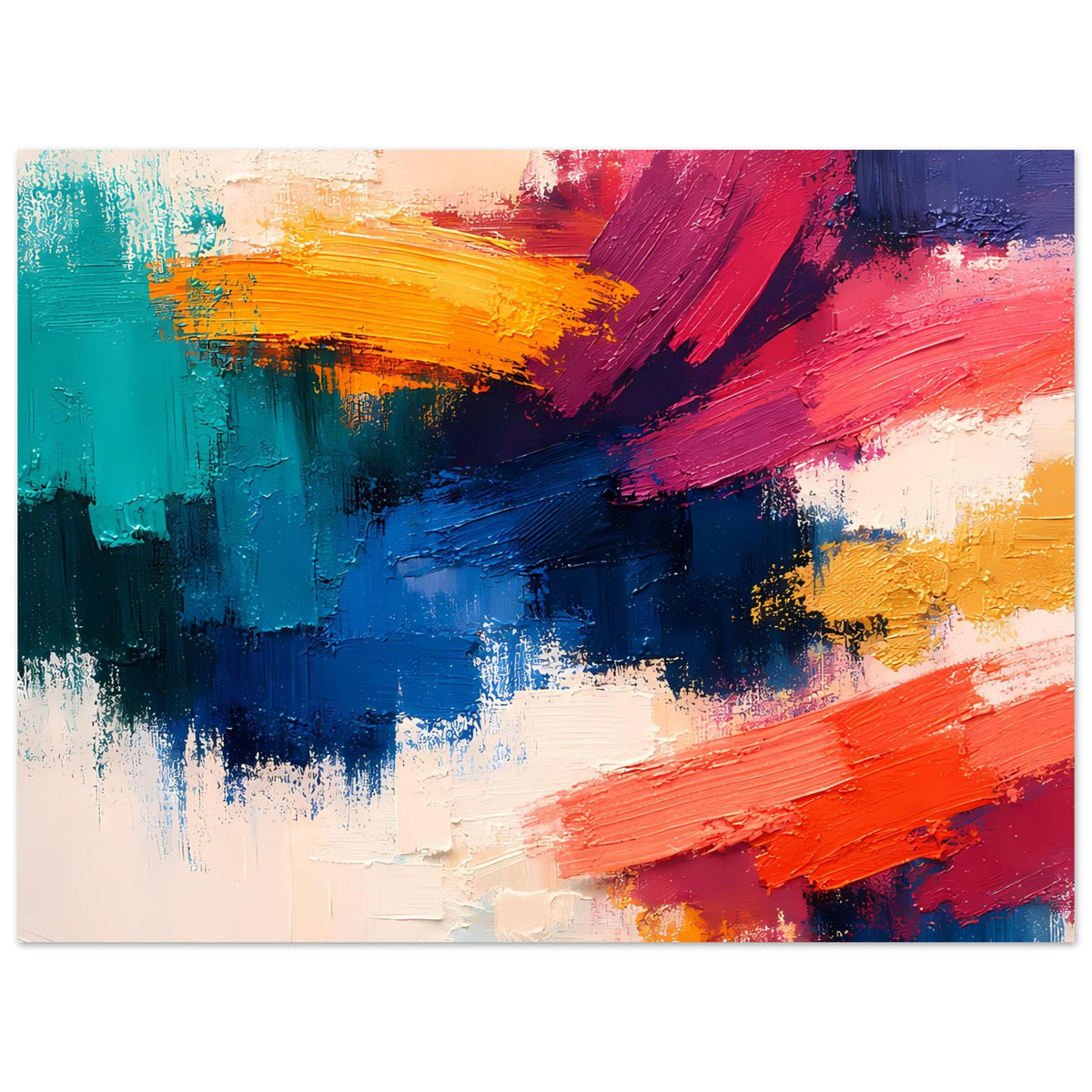 Abstraktes Poster mit Pinseltextur in Blau, Rot, Türkis und Orange (quer, Vollansicht).