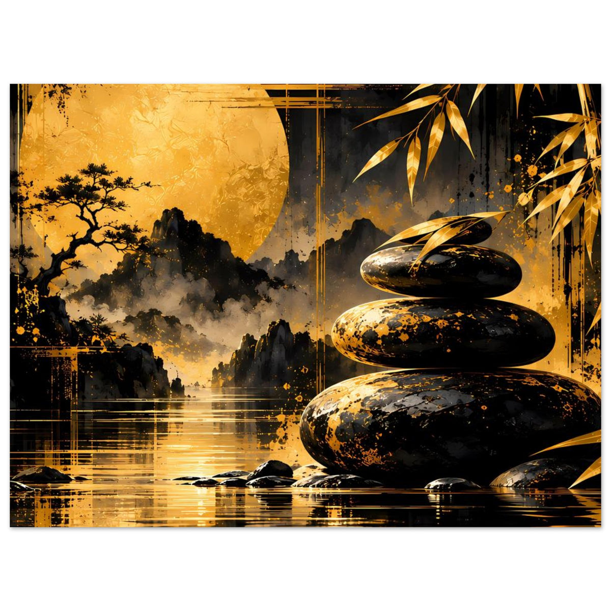 Horizontales Zen-Poster mit Steinpyramide, Bambusblättern, goldenem Mond und dunklem Gebirge im Hintergrund