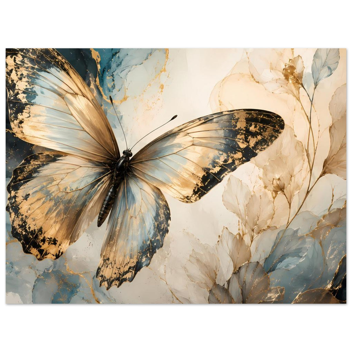Schmetterlingsposter im Querformat mit gold-blauem Schmetterling und cremefarbenen Blättern