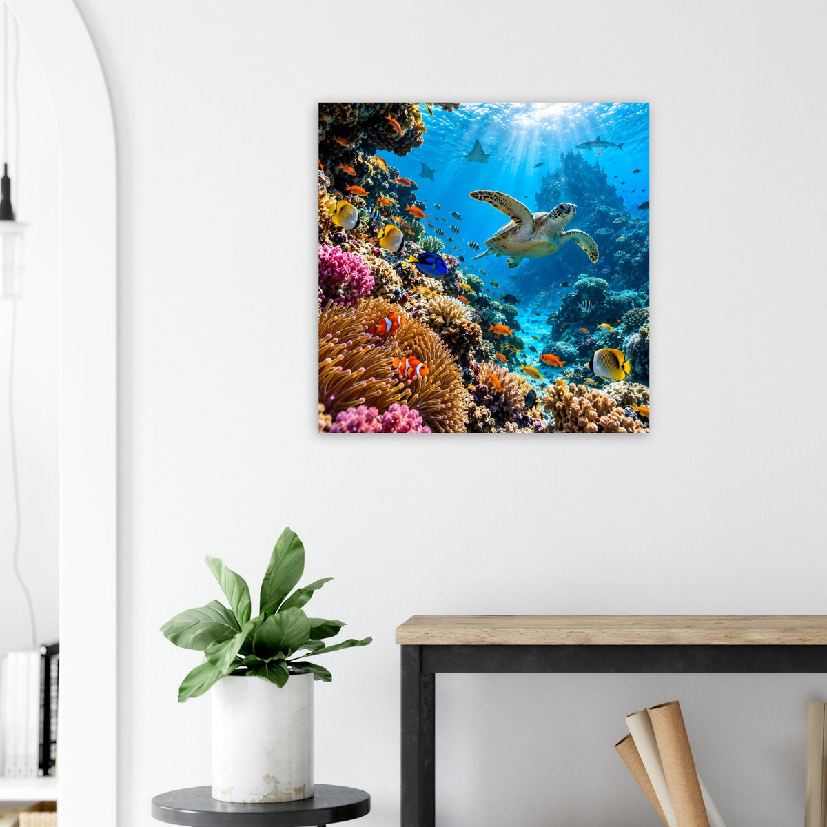 Poster mit Korallenriff und Meeresschildkröte, leuchtend blaues Wasser