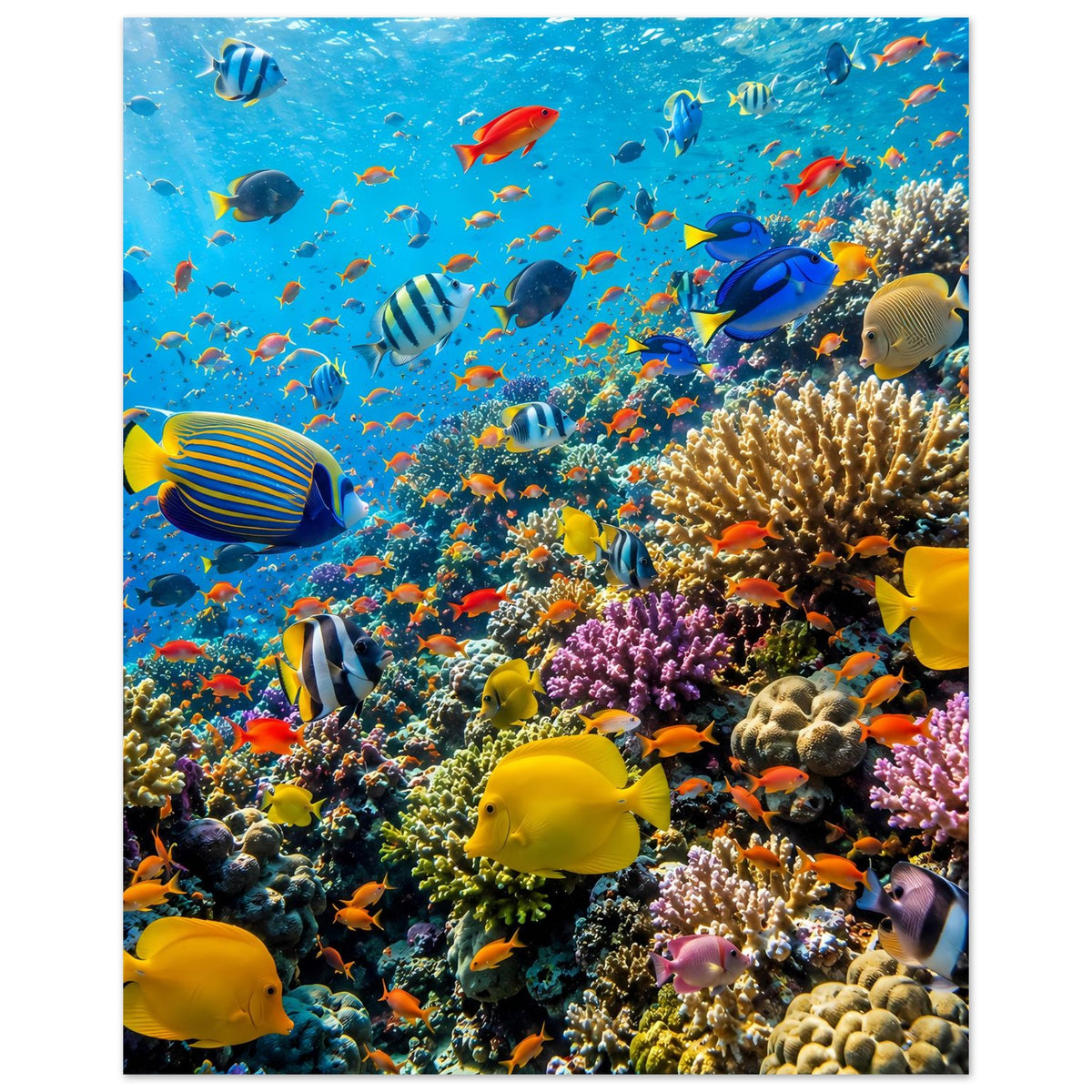Poster mit Korallenriff und Fischen, Fokus auf gelbe, blaue und orangefarbene Tiere.