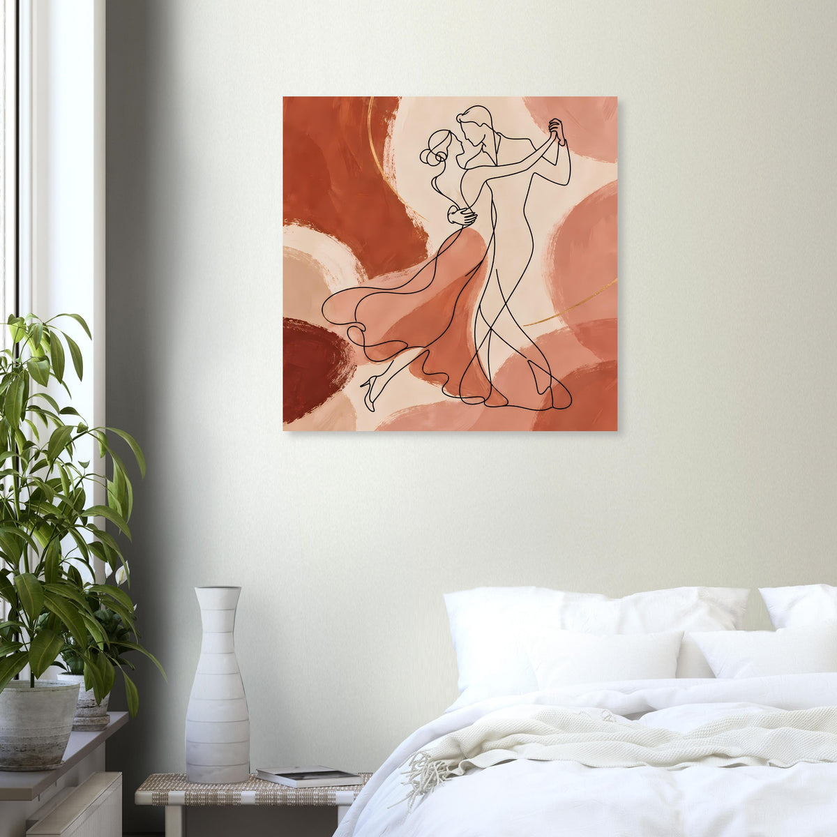 Quadratisches Kunstposter mit tanzendem Paar, sanfte Erdtöne und feine Konturen